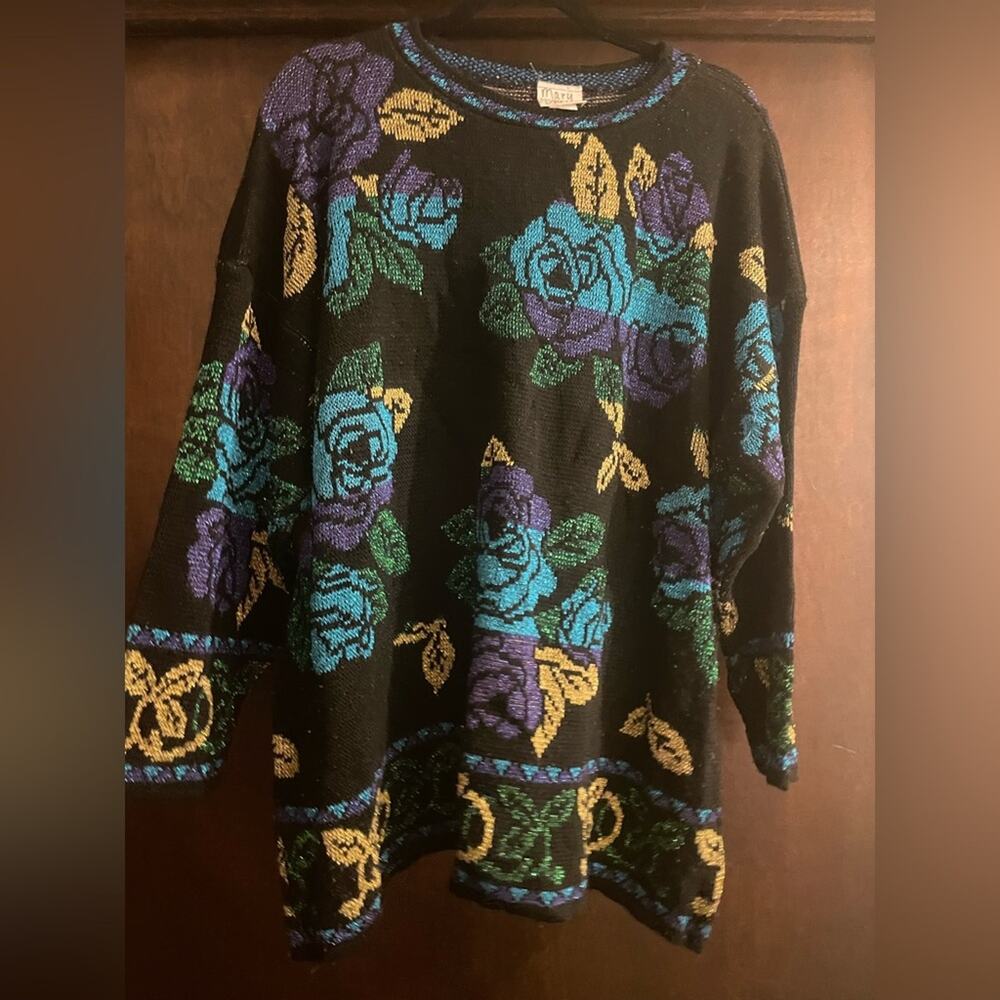 Holiday Time Vintage 80s METALLIC Florals Sweater Purple Blue Women's size 20W